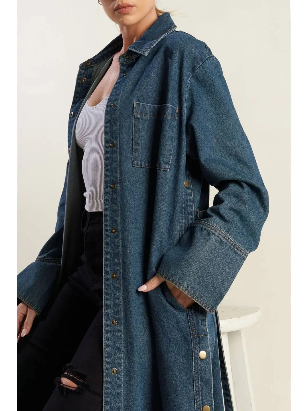 Denim Snap Button Midi Dress
