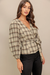 Latte Sunday Woven Plaid Top