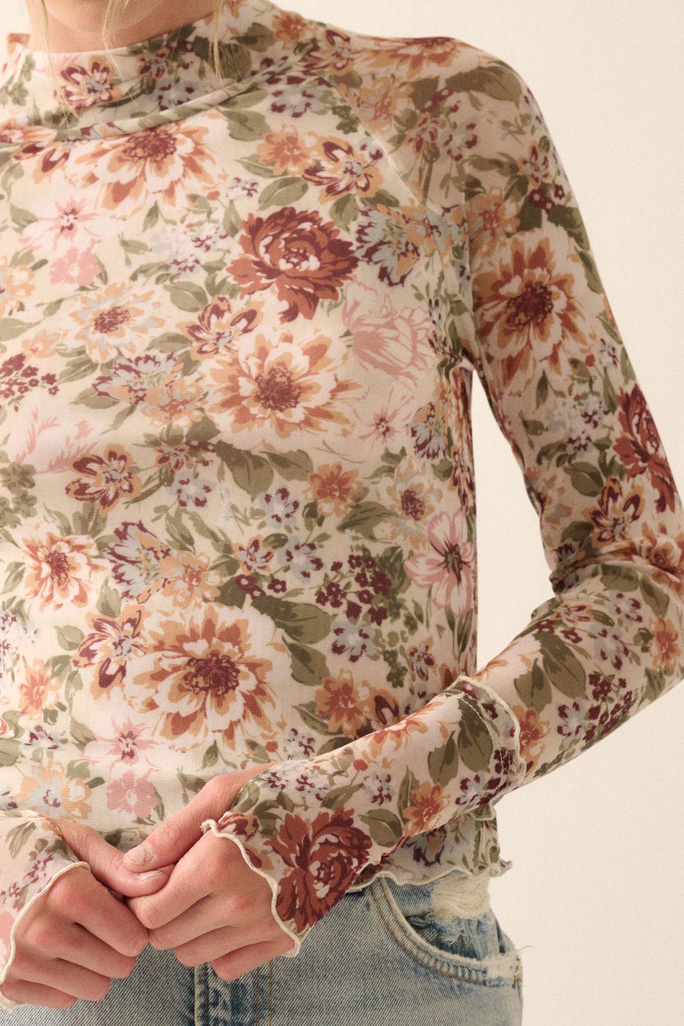 Blossom Forth Floral Mesh Mock-Neck
