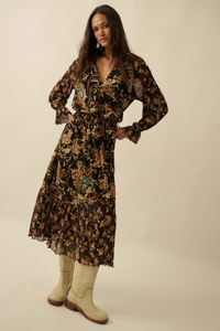 Brown Floral Long Sleeve Mesh Midi
