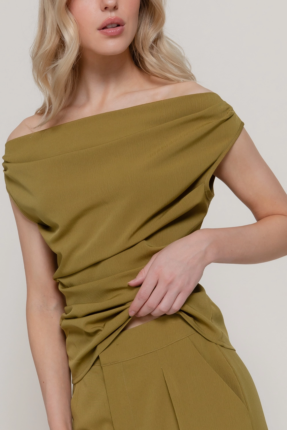 Olive Off the Shoulder Top & Trouser Set