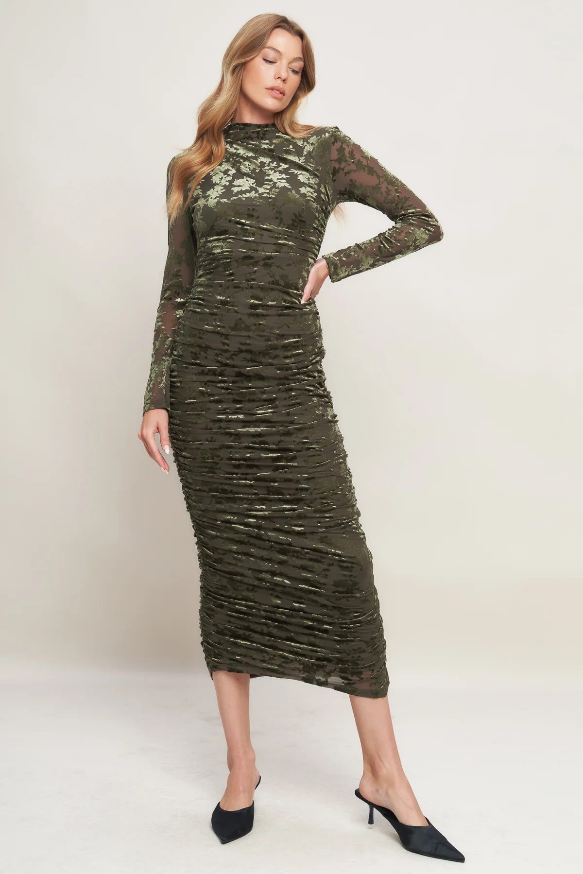 Moss Crushed Velvet Midi Dress
