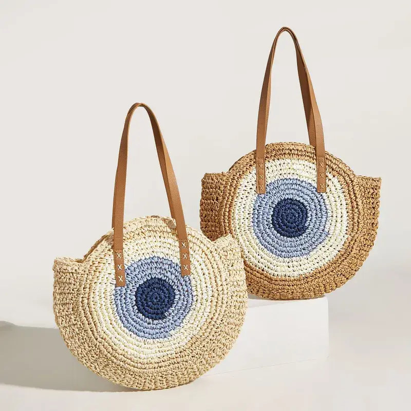 Cream Straw Evil Eye Bag