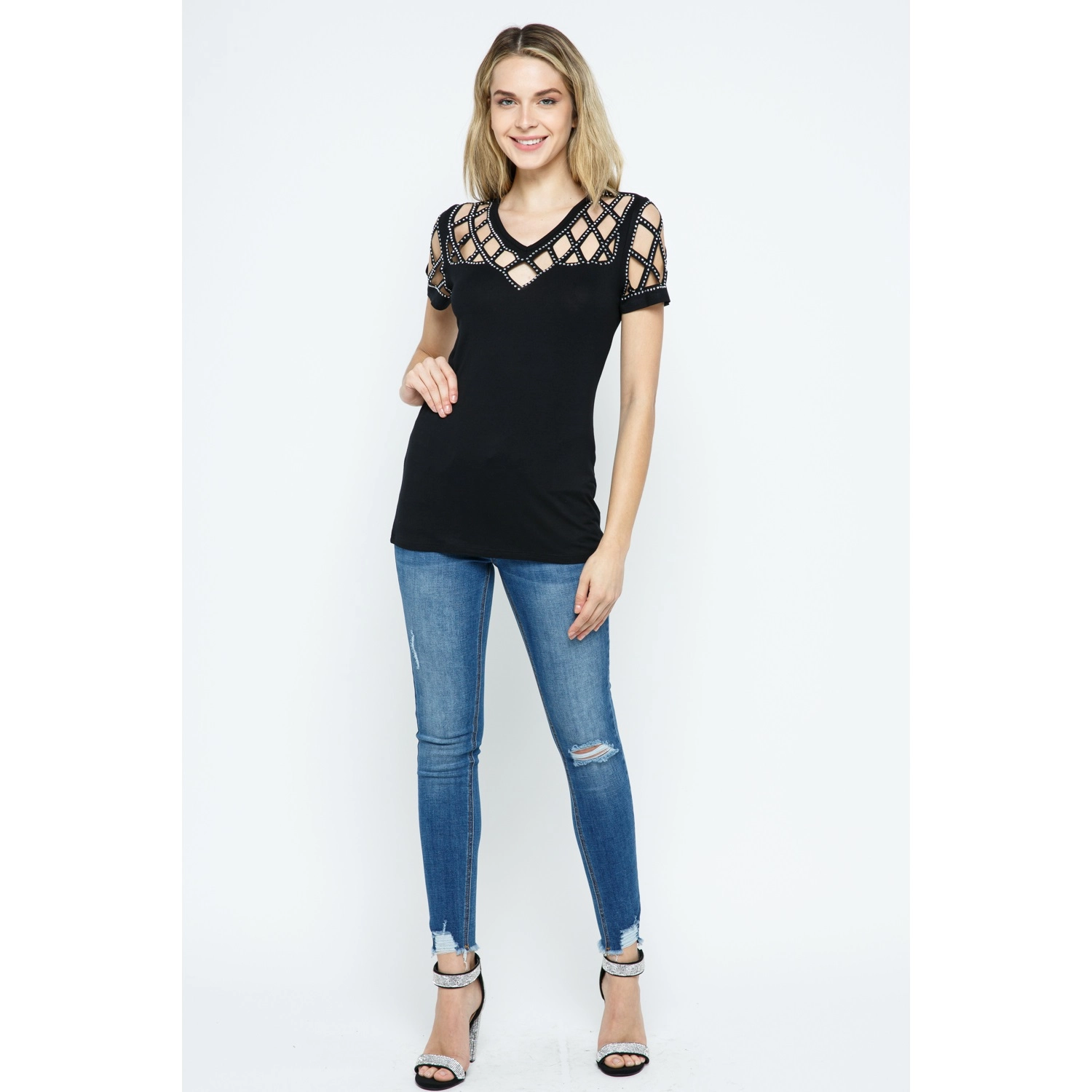 Black Bling Cutout Short Sleeve