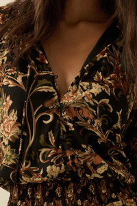 Brown Floral Long Sleeve Mesh Midi