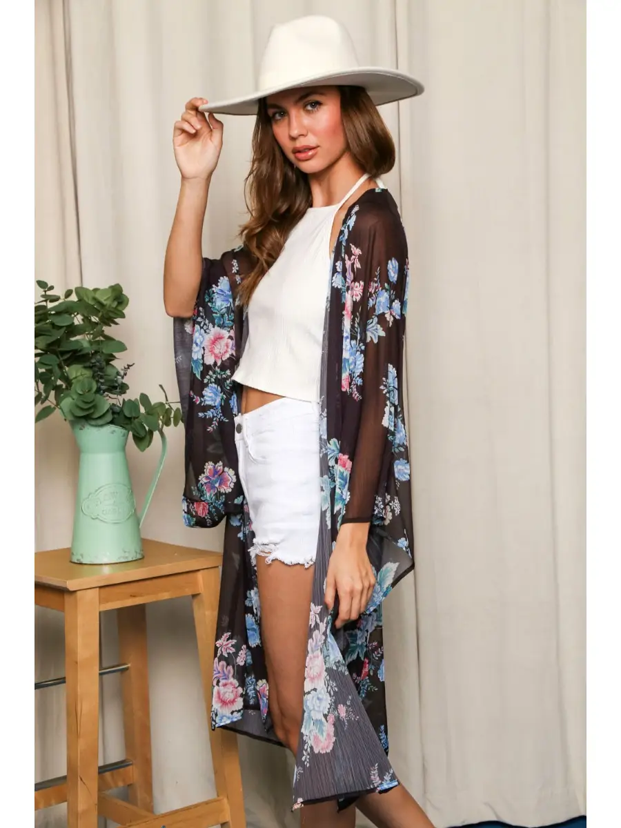 Black Sheer Floral Kimono