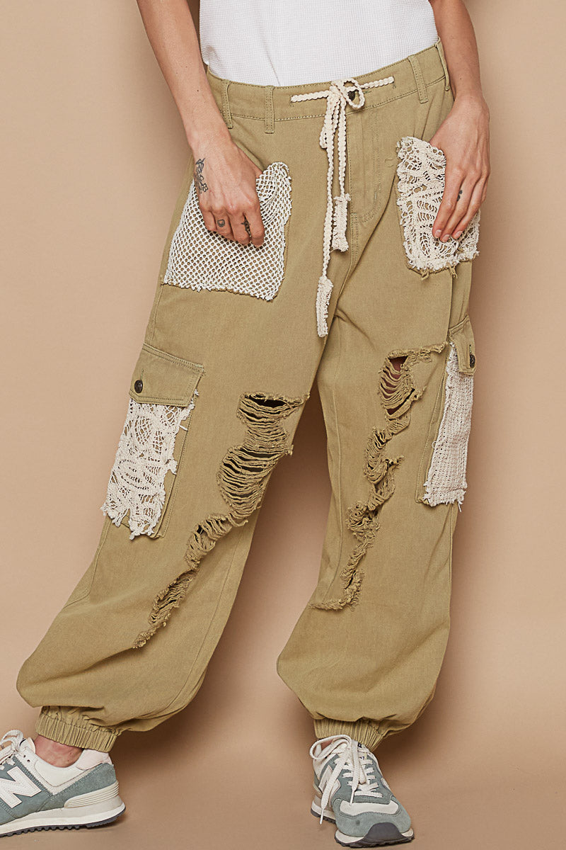 POL Olive Distressed Patchwork Joggers