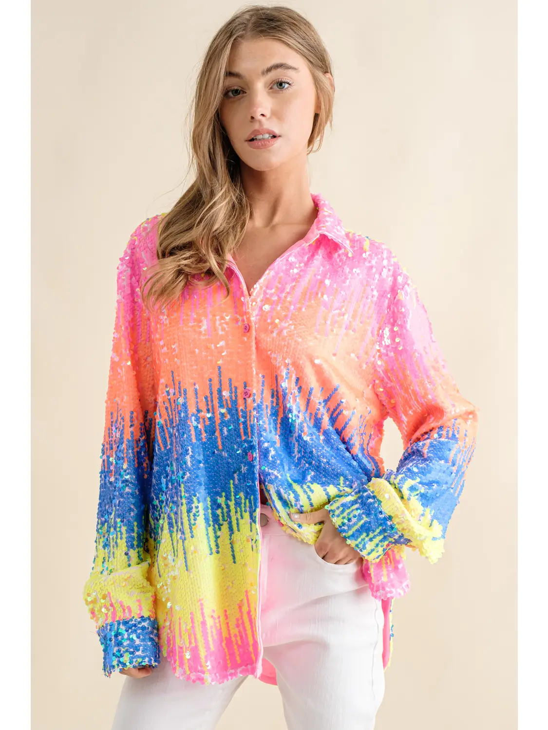 Multicolor Sequin Button Up