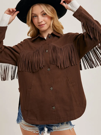 Brown denim Fringe Button Down Jacket