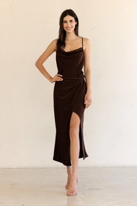 Brown Satin Cowl Neck Dress