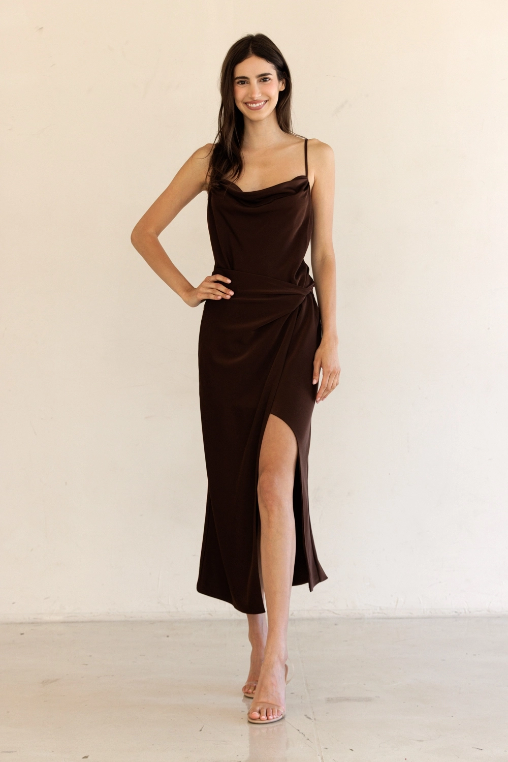 Brown Satin Cowl Neck Dress