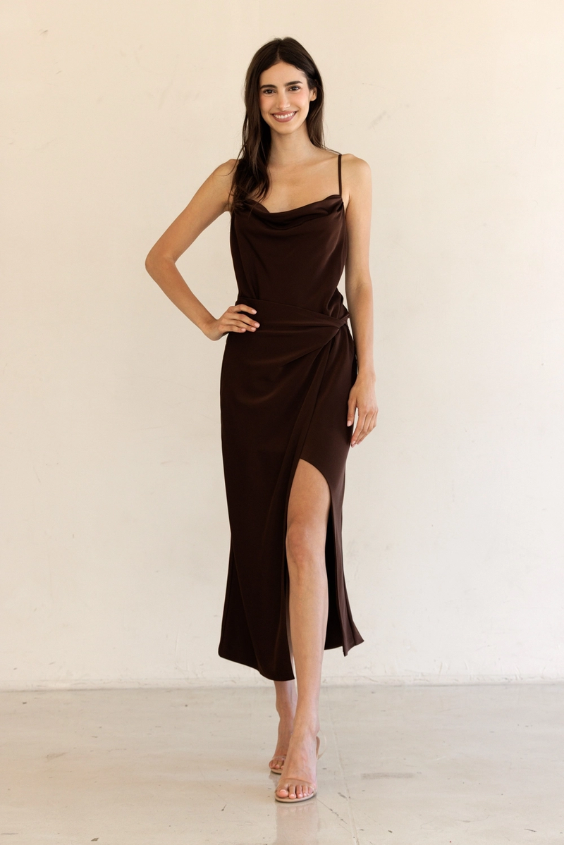 Brown Satin Cowl Neck Dress