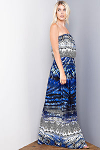 Blue Aztec Strapless Maxi Dress