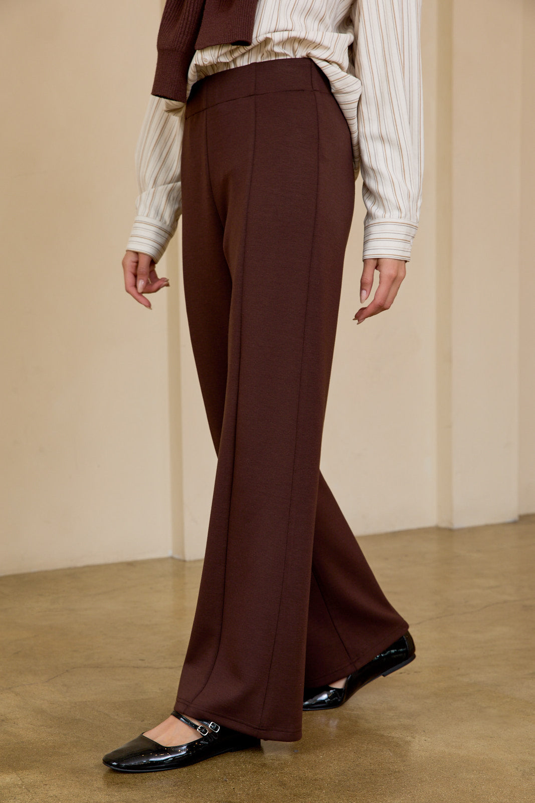 Brown Scuba Seamed Knit Wide Leg Pants