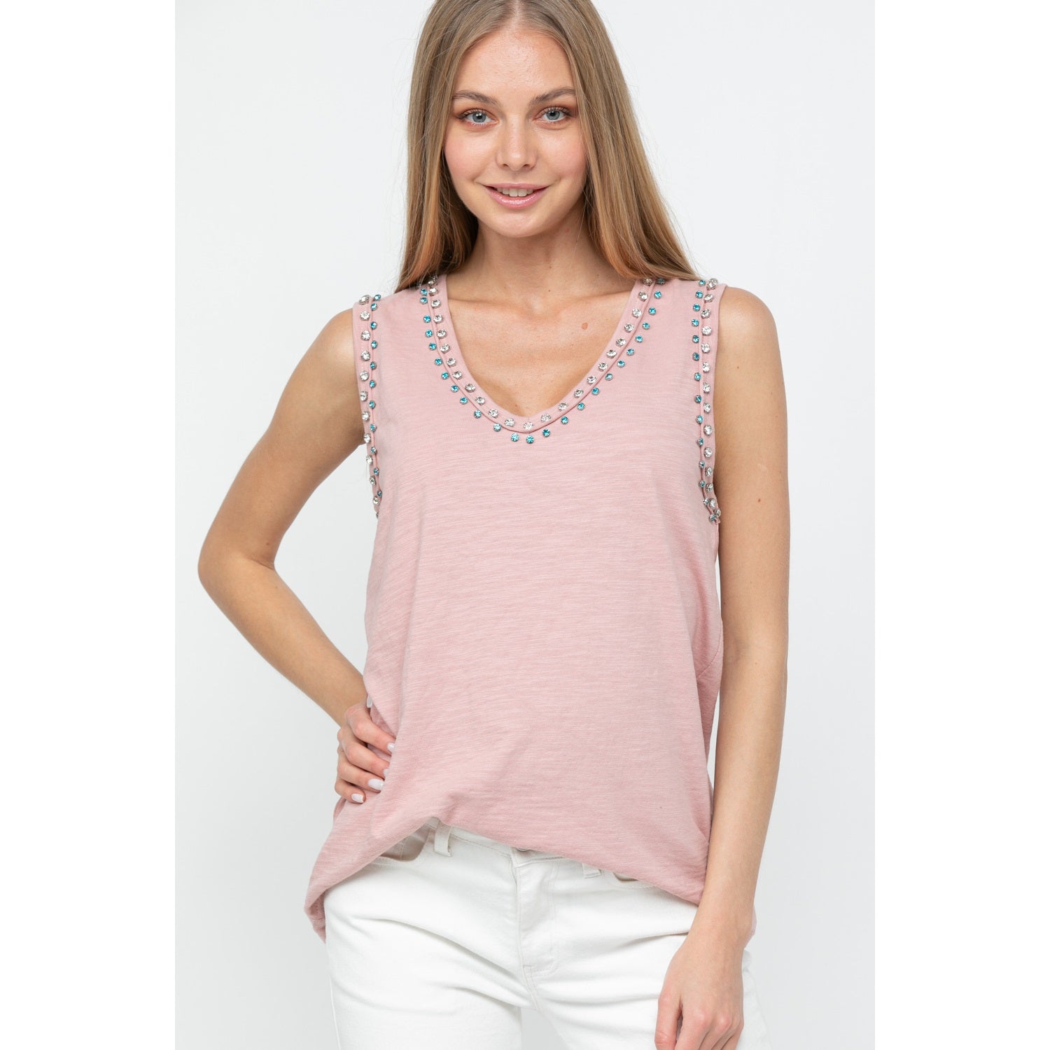 Blush Tank with Blue & Clear Bling