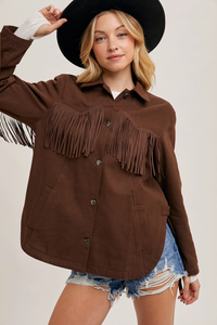 Brown denim Fringe Button Down Jacket