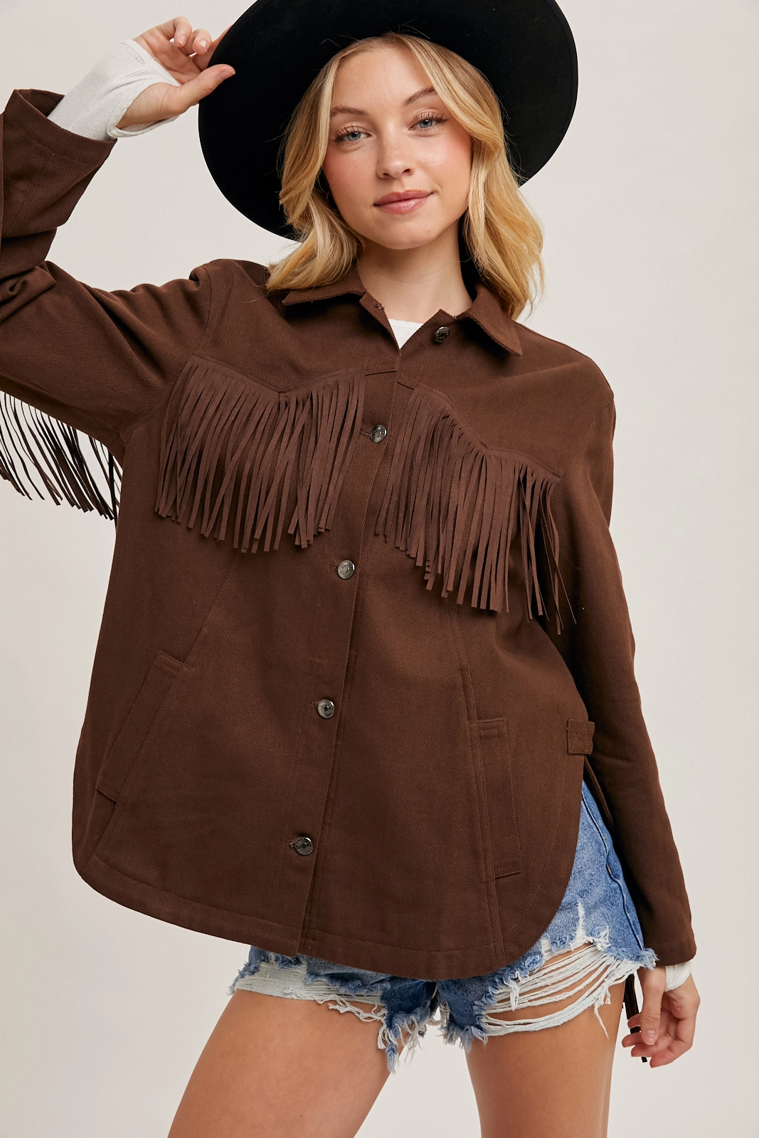 Brown denim Fringe Button Down Jacket