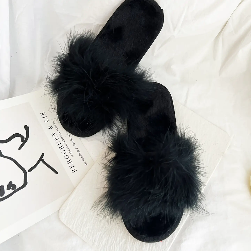 Black Feather Slippers