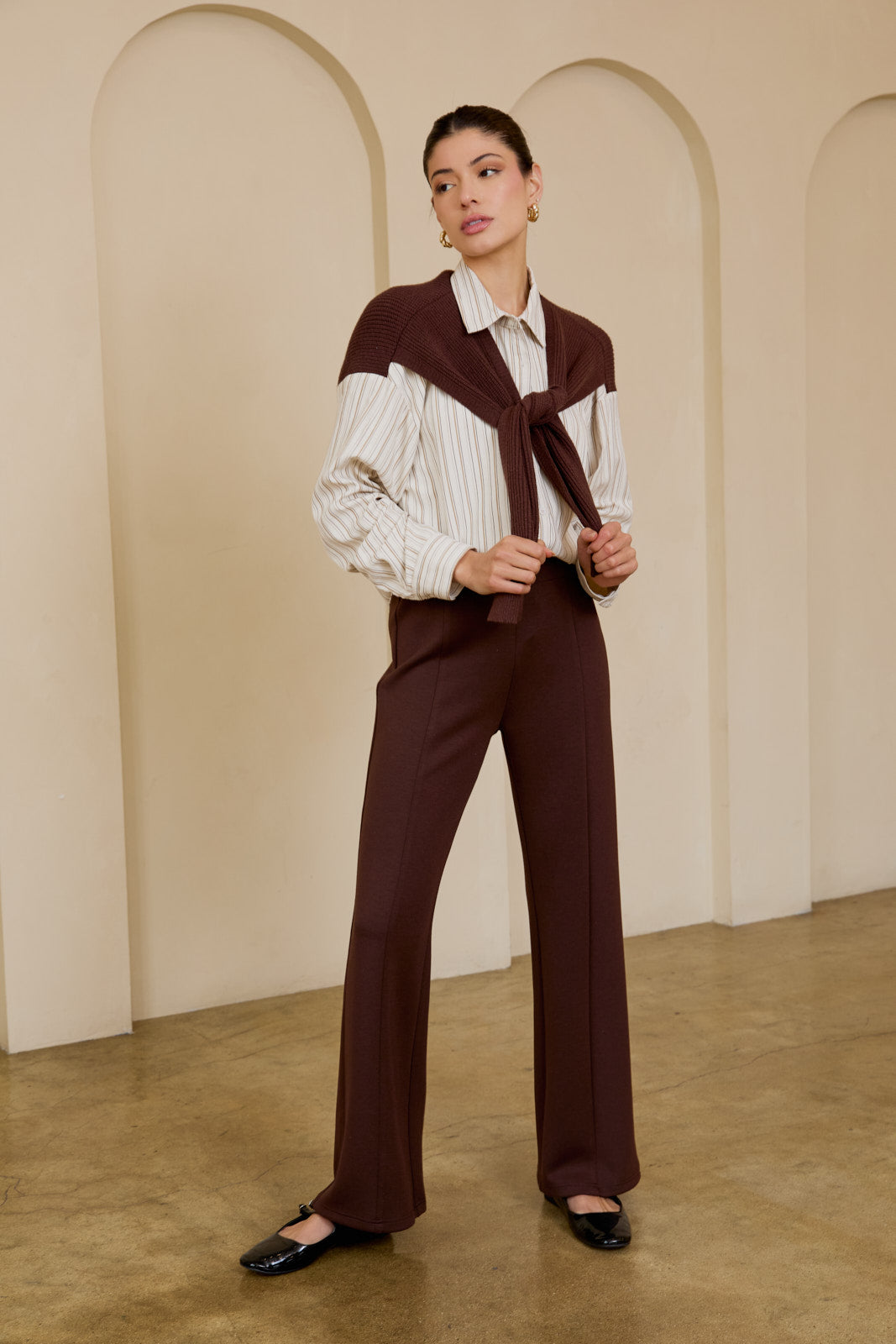 Brown Scuba Seamed Knit Wide Leg Pants