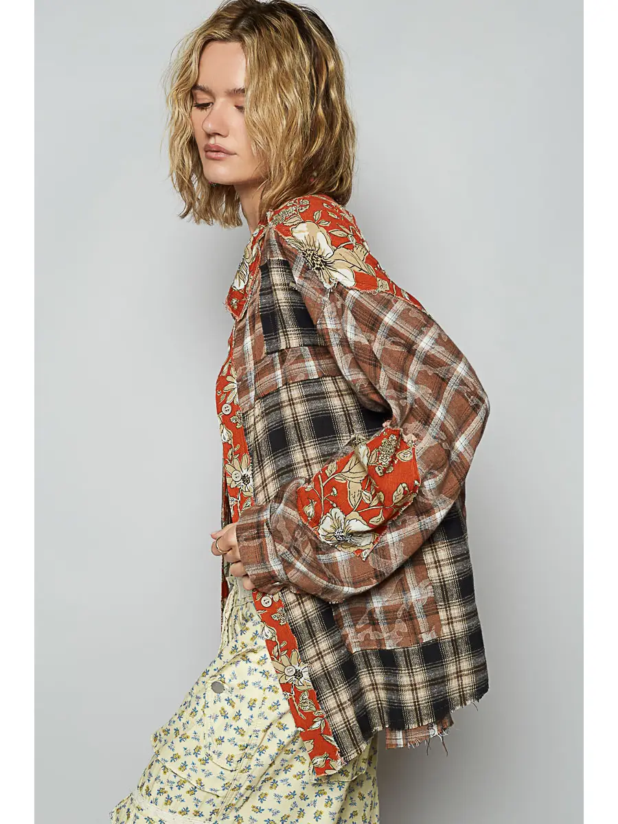 POL Brown Floral & Plaid Button Down