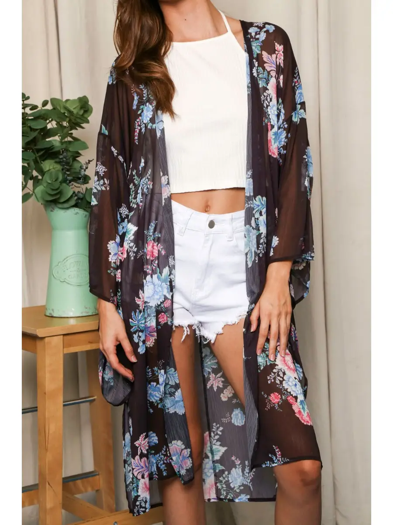 Black Sheer Floral Kimono