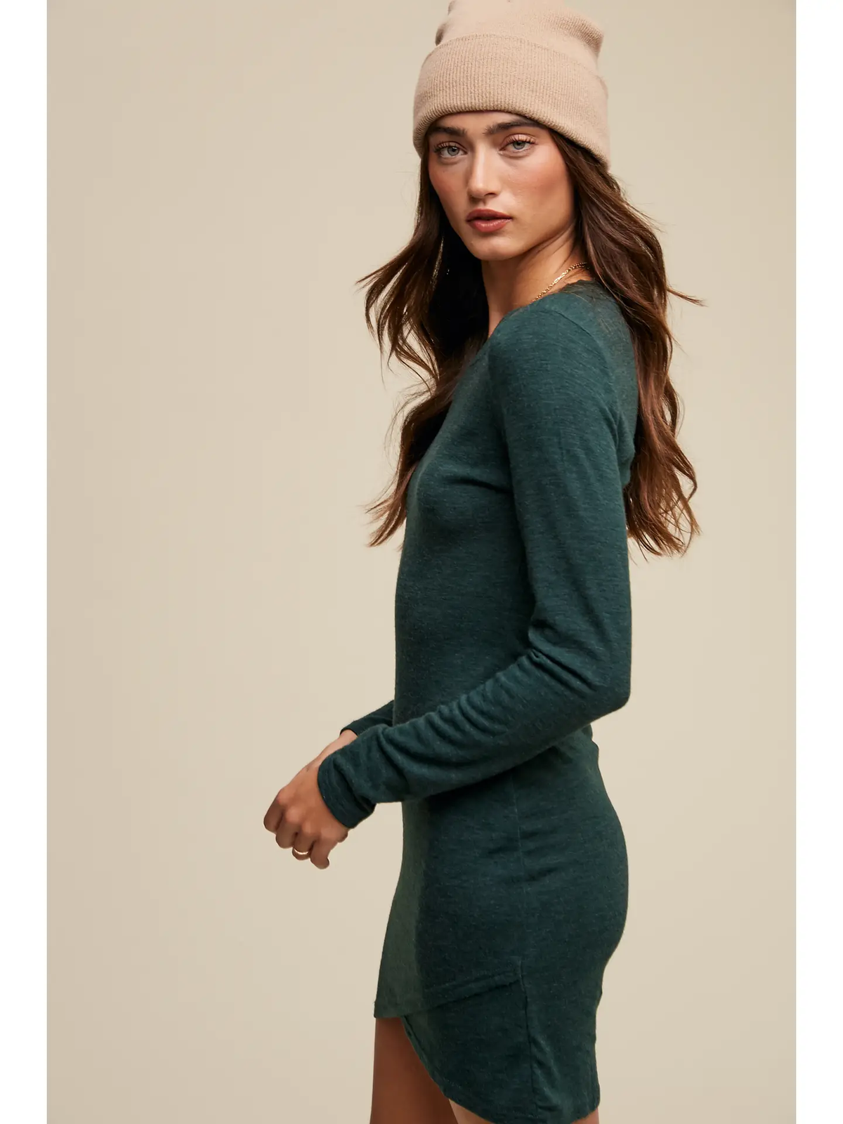 Hunter Green Ribbed Long Sleeve Mini Dress