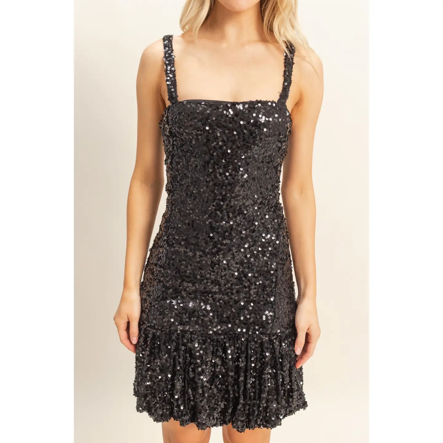 Black Bubble Hem Sequin Mini Dress