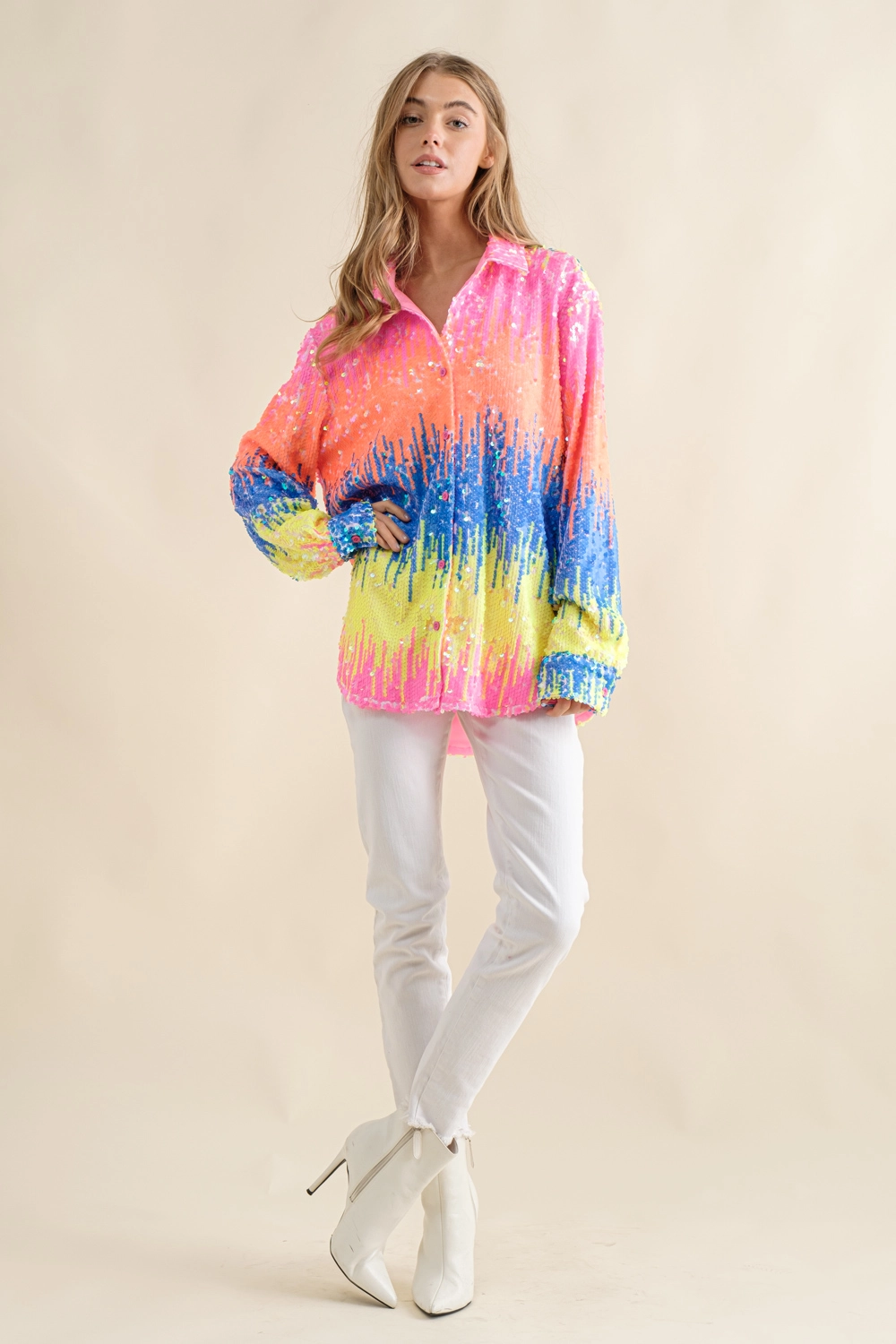 Multicolor Sequin Button Up