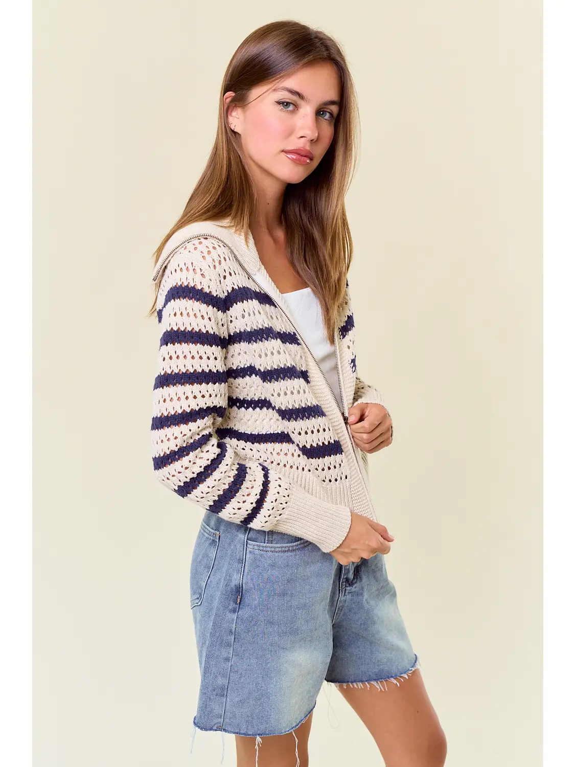 Zip Up Open Knit Sweater Jacket