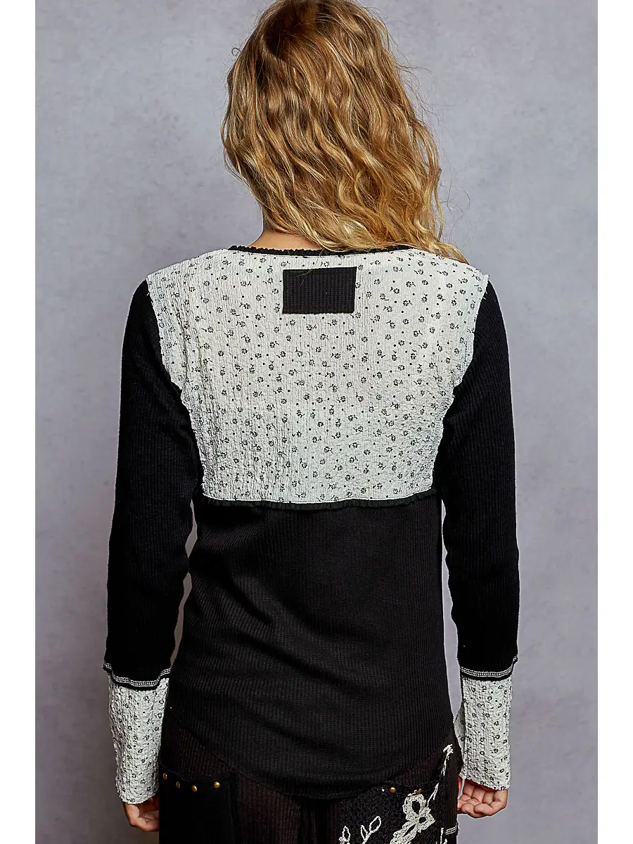 POL Black Vneck Floral Thermal