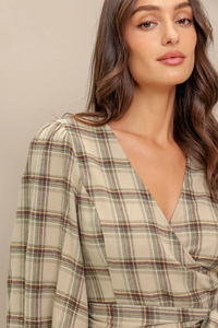 Latte Sunday Woven Plaid Top