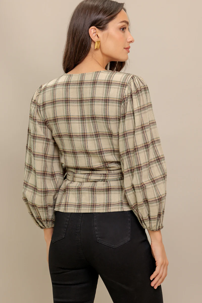 Latte Sunday Woven Plaid Top