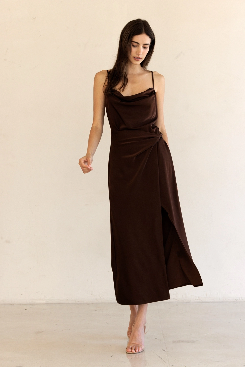 Brown Satin Cowl Neck Dress