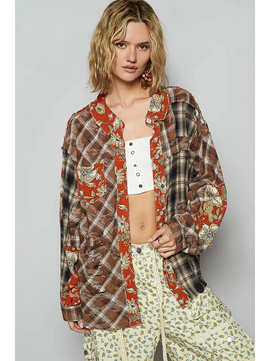 POL Brown Floral & Plaid Button Down