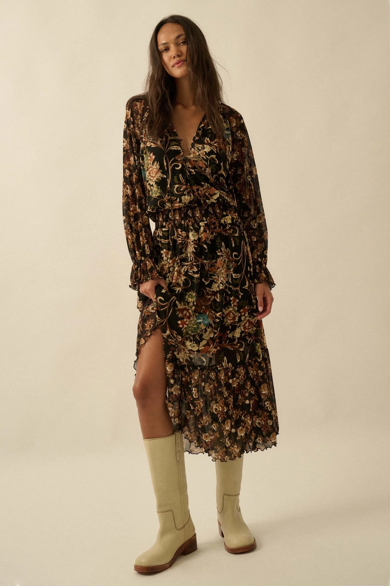 Brown Floral Long Sleeve Mesh Midi