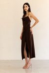 Brown Satin Cowl Neck Dress