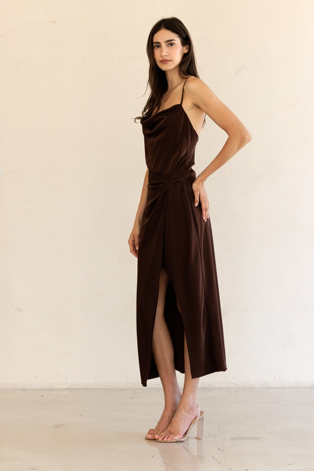 Brown Satin Cowl Neck Dress