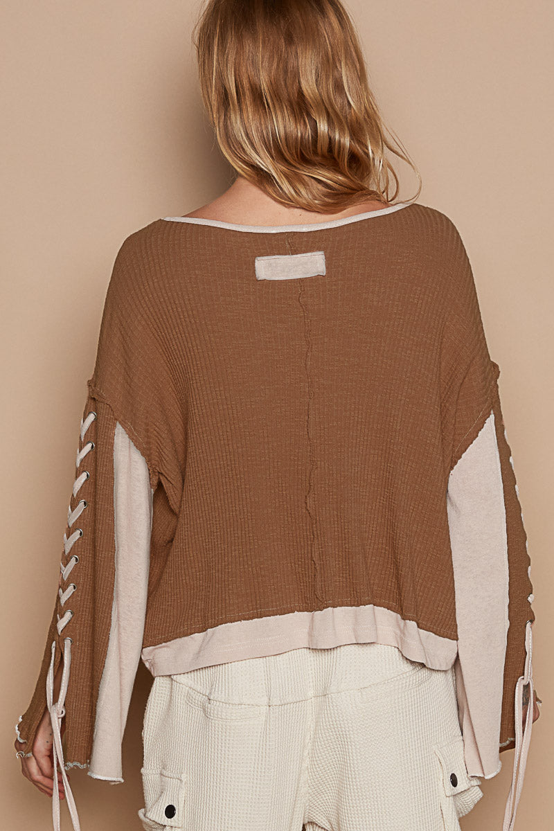 POL Brown and Tan Lace Up Top