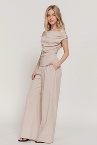Sand Off the Shoulder Top & Trouser Set