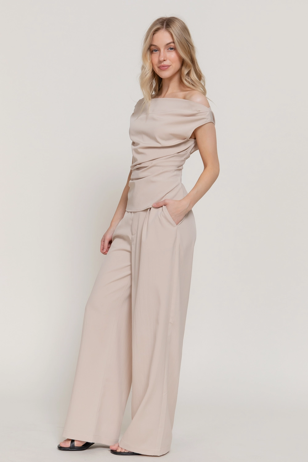 Sand Off the Shoulder Top & Trouser Set