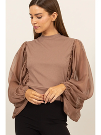 Sheer Batwing Sleeve Blouse Brown