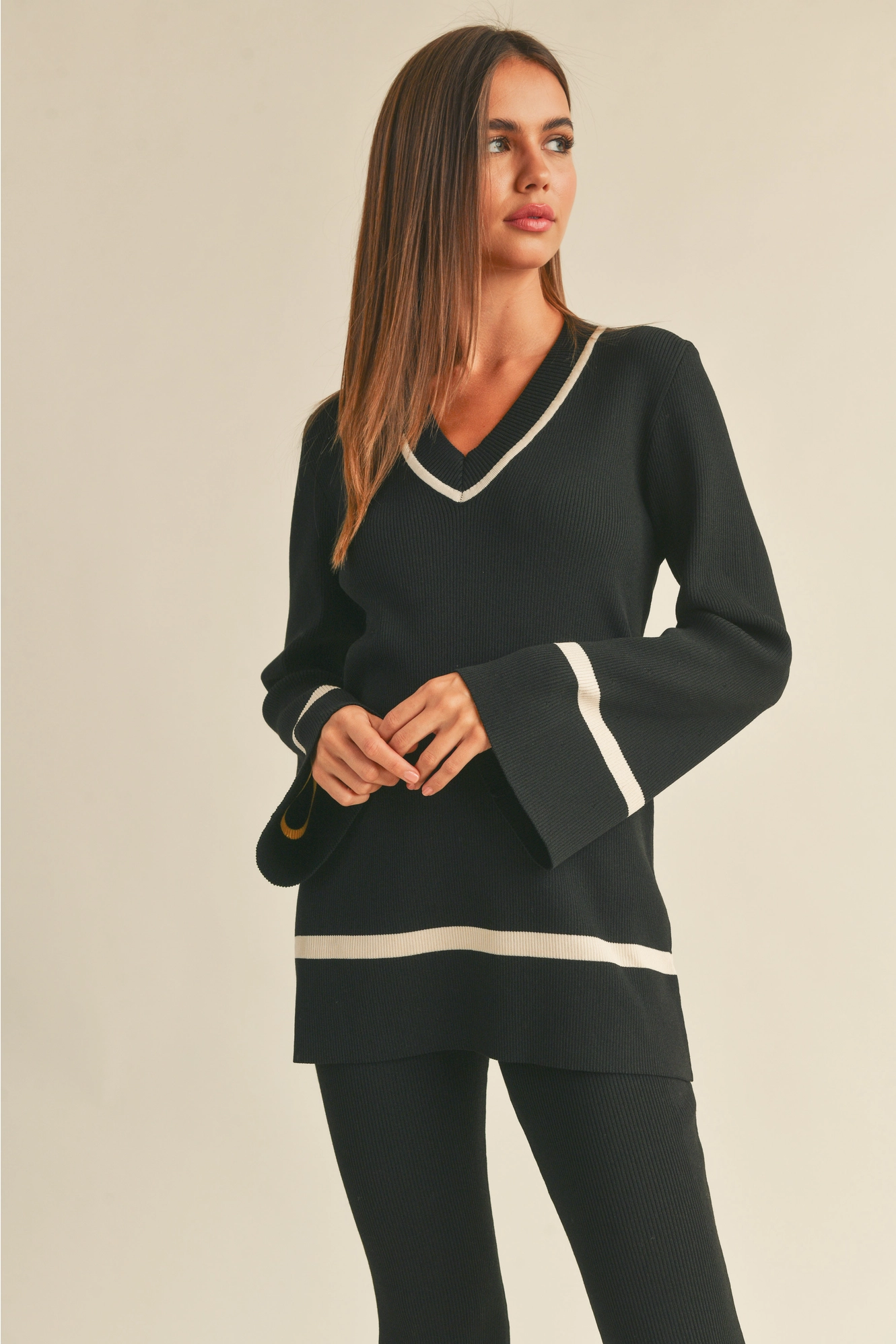 Black Vneck Contrast Stripe Sweater