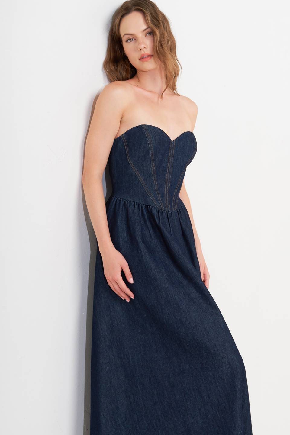 Strapless Denim Midi Dress