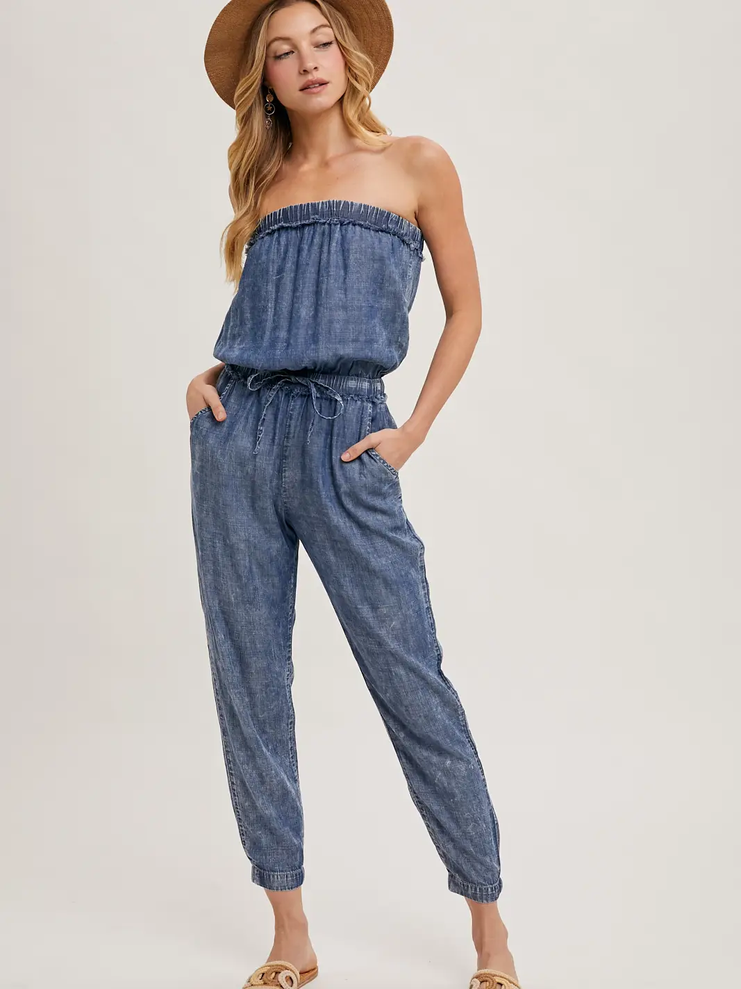 Denim Acid Wash Tube Jumpsuit