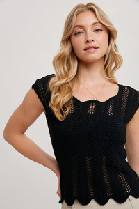 Black Eyelet Scallop Top