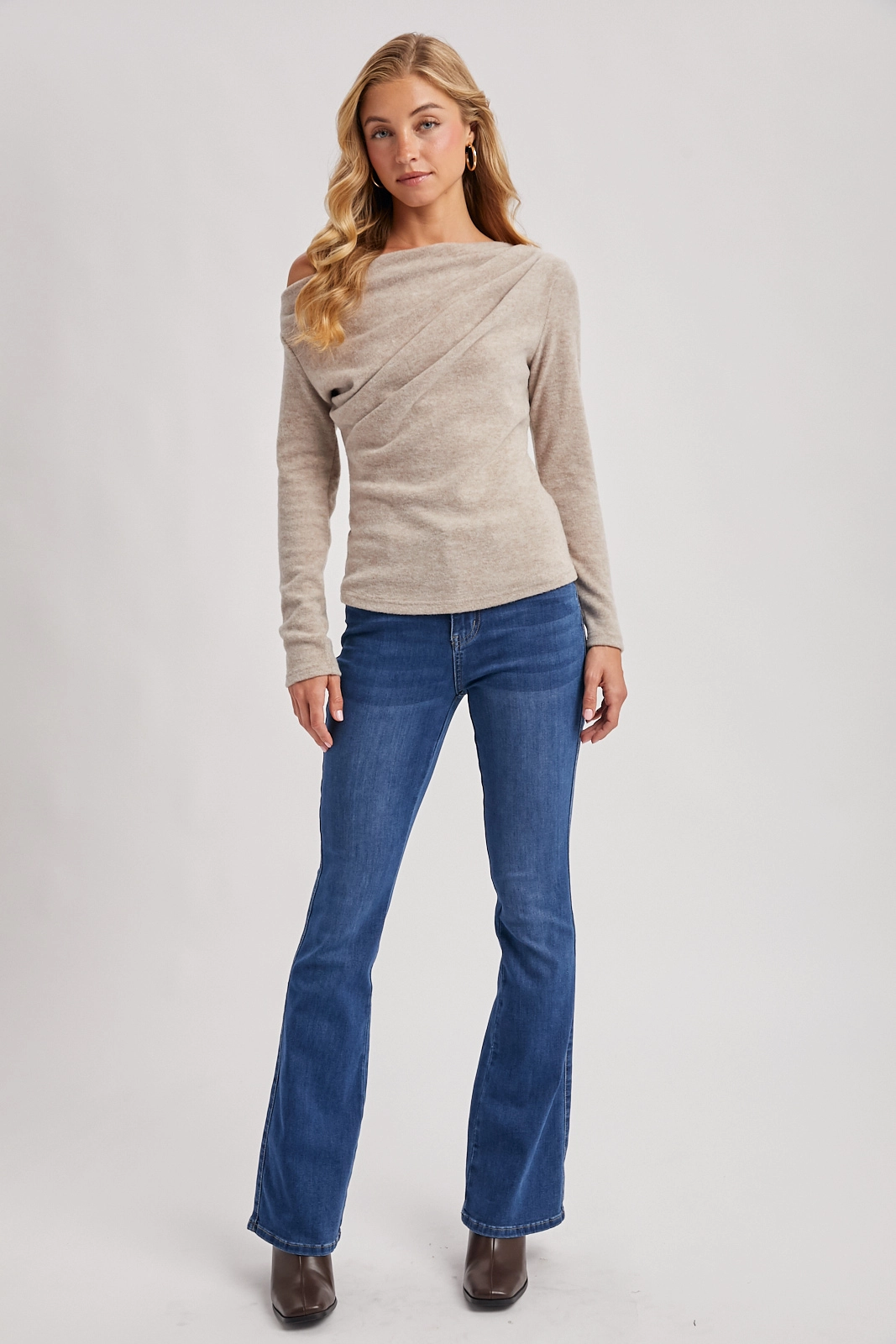Latte Asymmetrical Off Shoulder Top