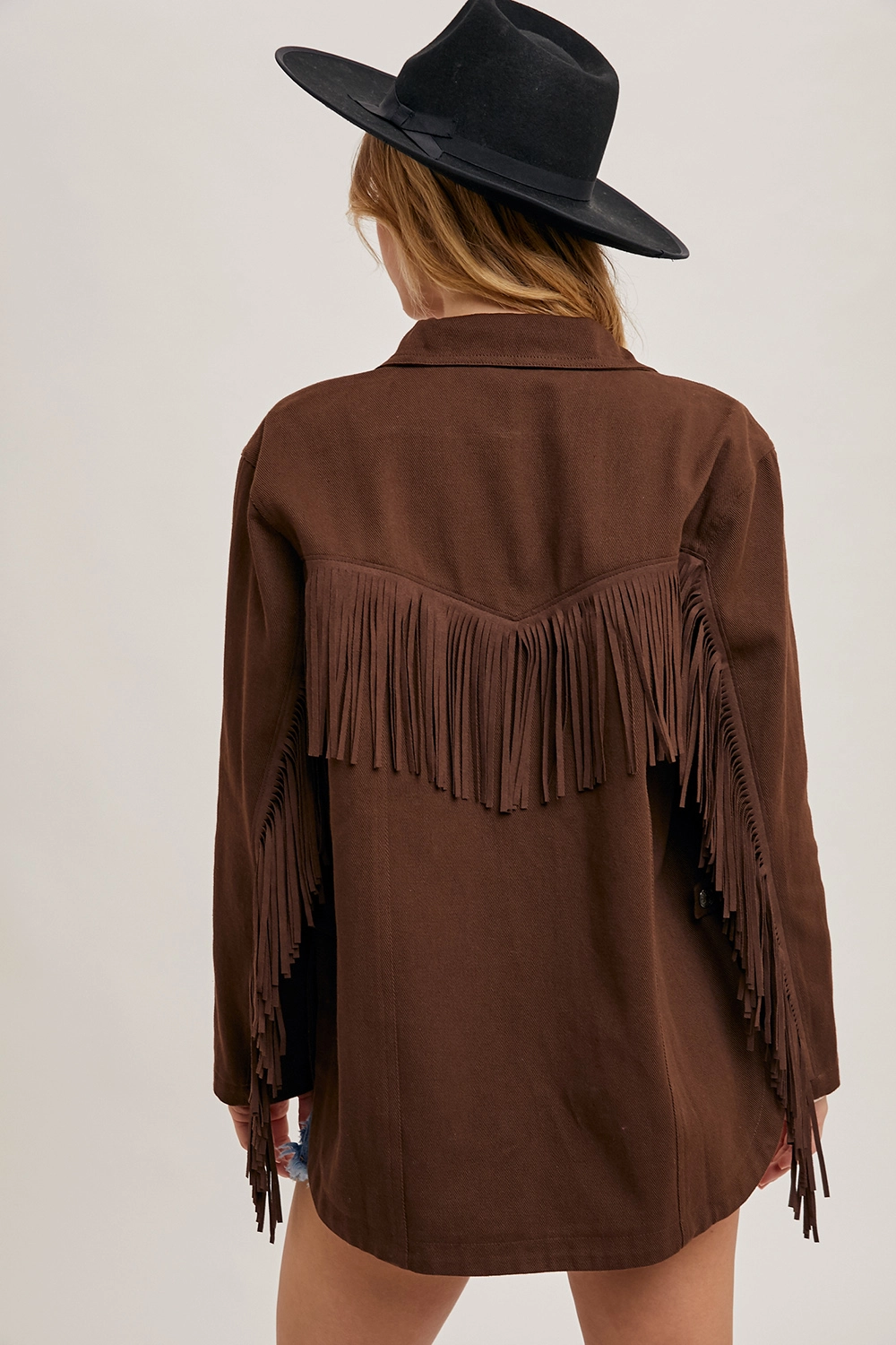 Brown denim Fringe Button Down Jacket