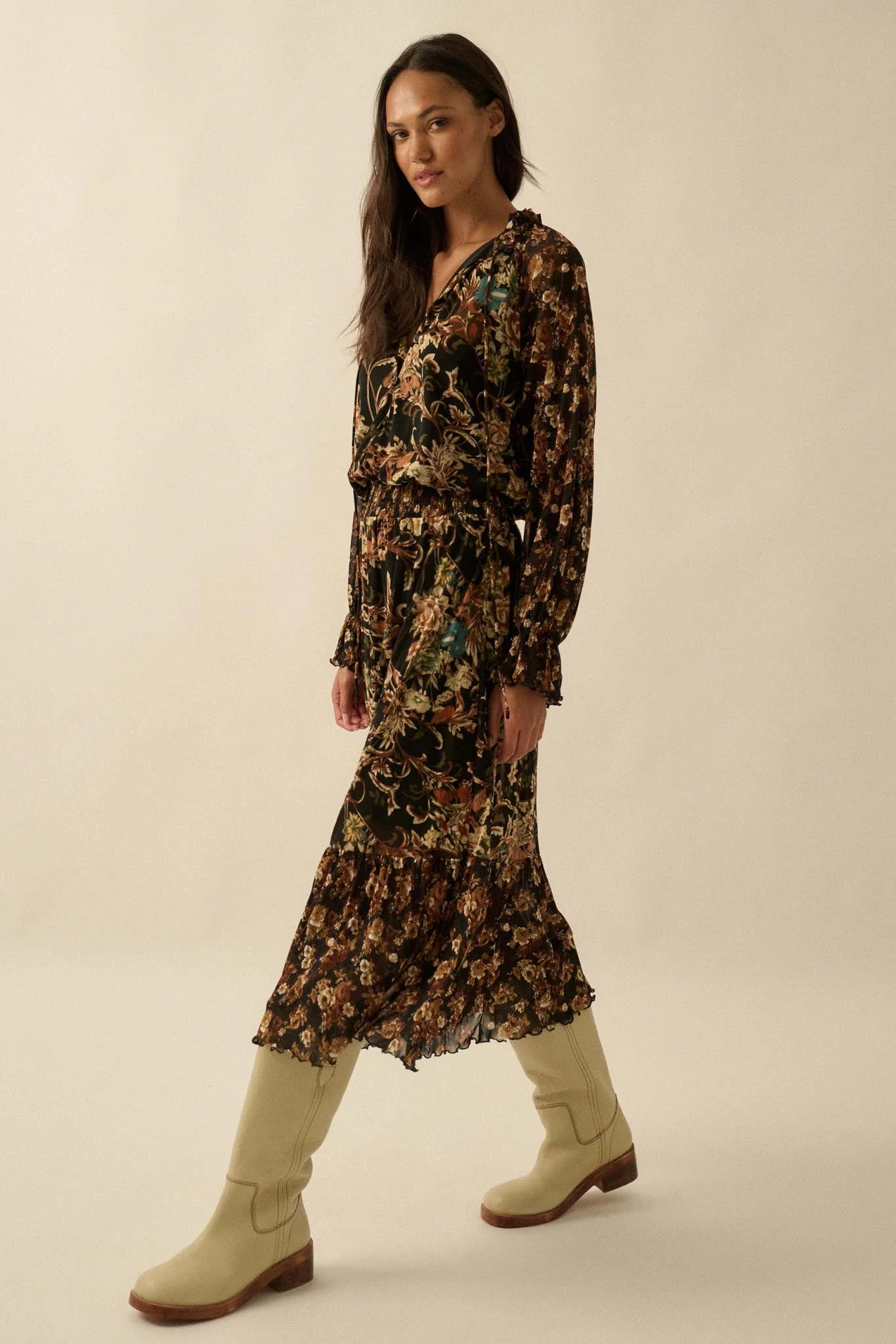 Brown Floral Long Sleeve Mesh Midi