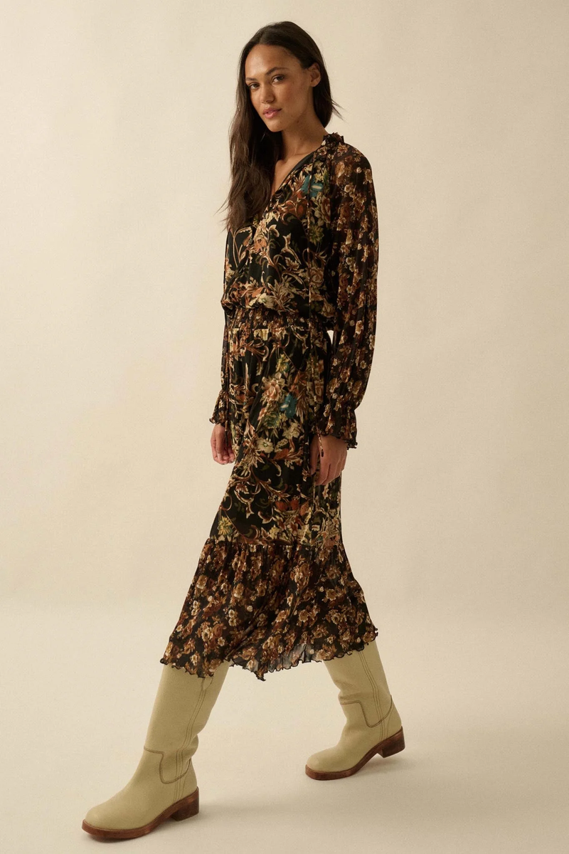 Brown Floral Long Sleeve Mesh Midi