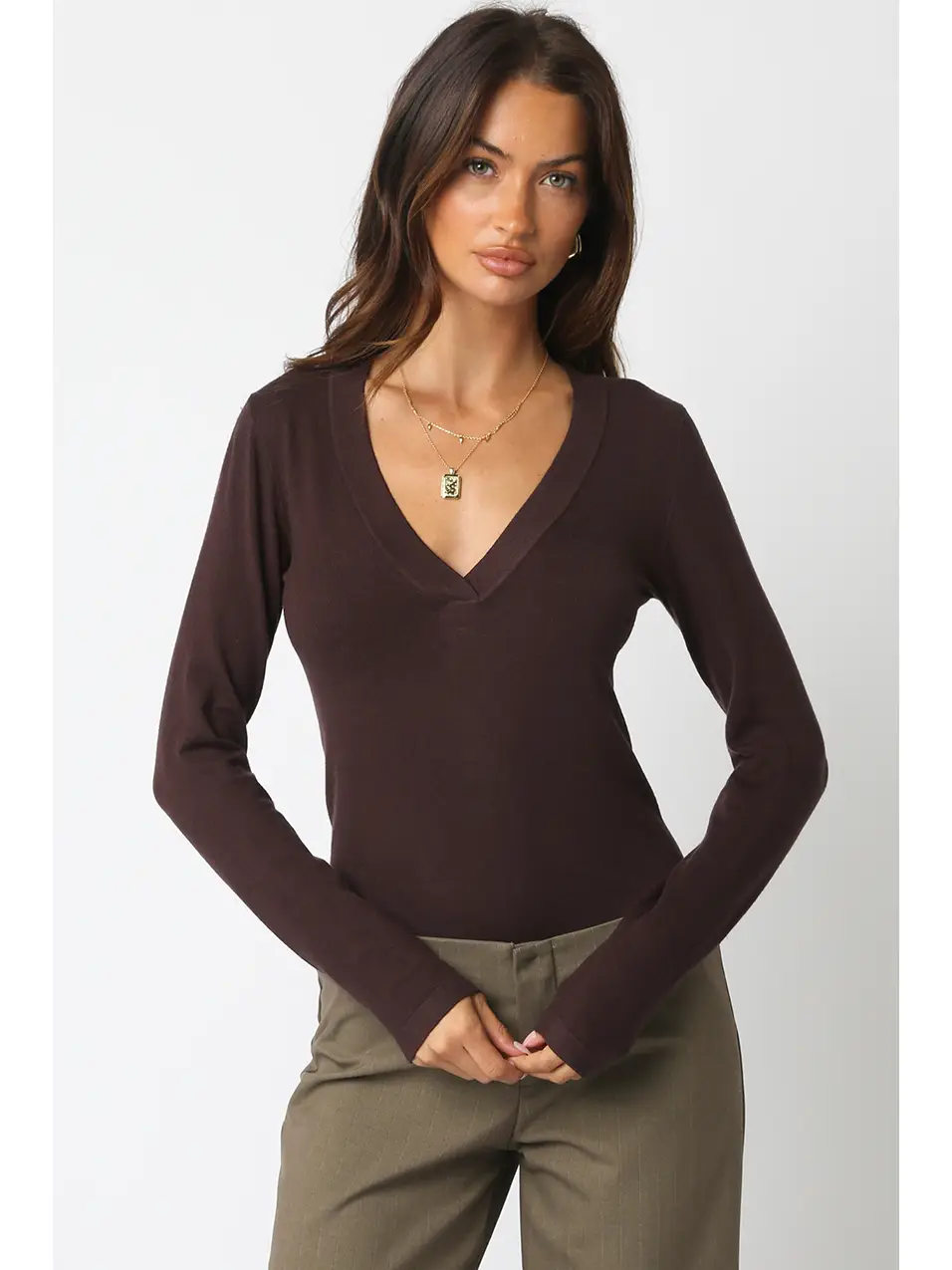 Kyla V Neck Bodysuit Brown